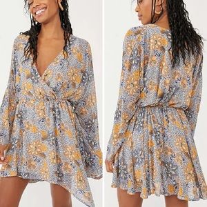Free People Teegan Mini Dress Size S, sky combo blue yellow orange floral
